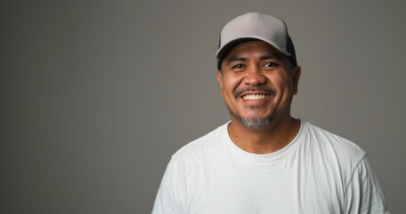 A Smiling Man in a Gray Cap Poses Against a Gray Background