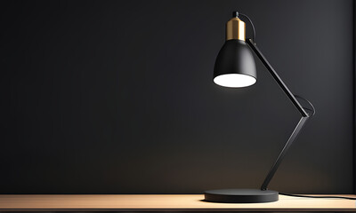 Black Desk Lamp With Gold Accents on a Wooden Table Against a Dark Wall