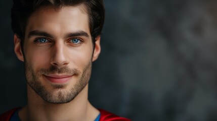 Obraz premium A man with a blue eye and a red shirt. He is smiling and looking at the camera