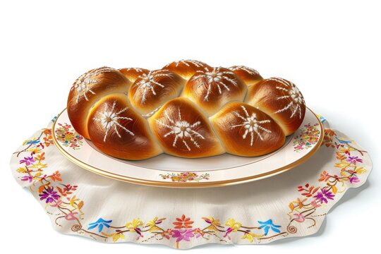 Round challah bread on a festive tablecloth with embroidery of Jewish symbols Illustration on a clear white background --ar 3:2 --style raw Job ID: e09a9d44-b80d-4983-9db2-60f3b41f0a4b - Powered by Adobe