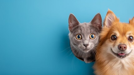 A cat and a dog are looking at the camera