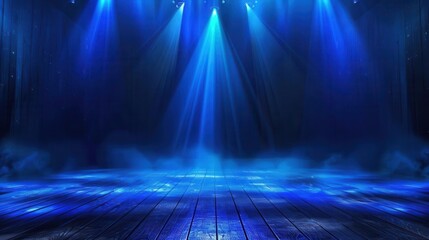 Obraz premium empty stage with dramatic blue spotlights in dark room theater background illustration