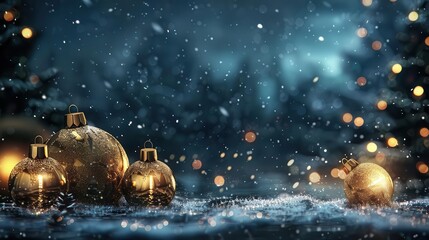 enchanted christmas night magical scene of golden ornaments and sparkling lights against dark winter background festive digital illustration