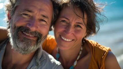 Close up portrait of happy mid-aged mature caucasian couple in love on the sea shore happily smiling on bright sunny day during summer vacation leading active lifestyle together