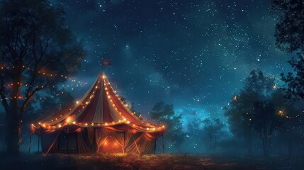enchanted night circus illuminated tent under starry sky magical realism digital painting