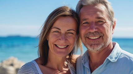 Obraz premium Close up portrait of happy mid-aged mature caucasian couple in love on the sea shore happily smiling on bright sunny day during summer vacation leading active lifestyle together