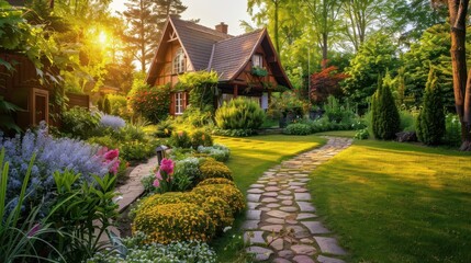 Fototapeta premium enchanting garden path leading to charming cottage bordered by lush flowerbeds and manicured lawn golden hour sunlight creating warm inviting atmosphere