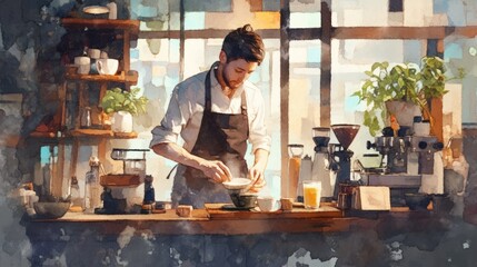 A watercolor painting of a barista crafting latte art, focused expression, rich coffee aroma filling the air, cozy shop setting with wooden decor. 