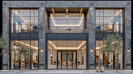 Modern glass building exterior with stylish interiors