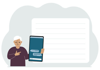 A man holds a mobile phone with correspondence and SMS messages in his hand. Advertising, poster, place for text. Vector flat illustration.