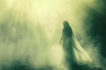 ethereal female ghost apparition misty atmosphere haunting beauty otherworldly glow