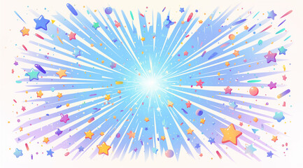 Multicolored stars and light rays in the background.