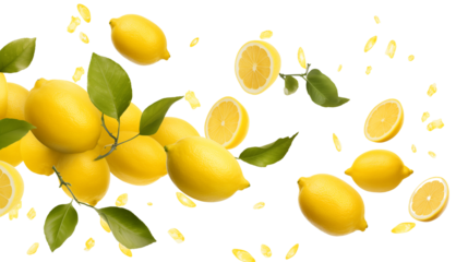 Flying lemon fruits transparent background.