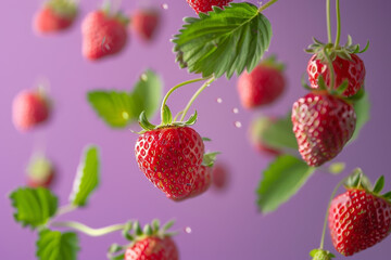 Fresh Red Strawberries Floating Against a Purple Background