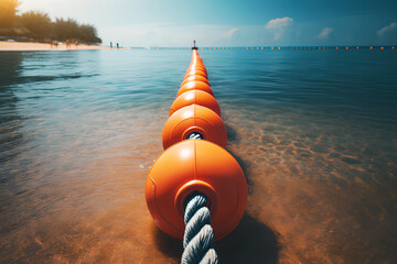 bright orange safety buoys, connected by a strong rope, on a beach