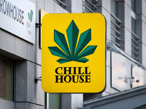ERFURT, GERMANY - 5. July 2024: Chillhouse logo sign of the headshop. The retail store is selling products used for the consumption of cannabis and tobacco. Advertisement with the hemp leaf.