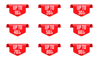 Discounts numbers of percent sign in red colors isolated on white background. Up to 10, 20, 30, 40, 50, 60, 70, 80, 90 percent off price reduction badge promotion design label. Vector illustration