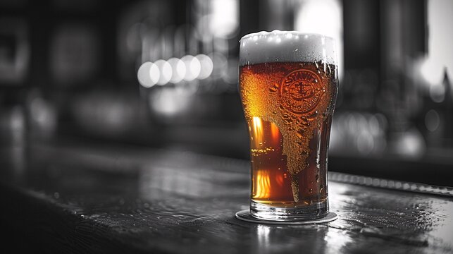 A close-up view of a pint of beer on a counter, highlighting the frothy top and condensation