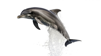 Dynamic image of a dolphin leaping out of the water, surrounded by splashes, isolated on white background.