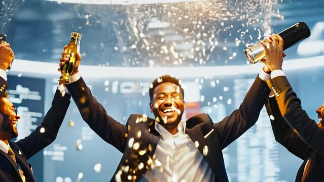 A group of prosperous stock exchange brokers are celebrating their successful bid on the securities market.