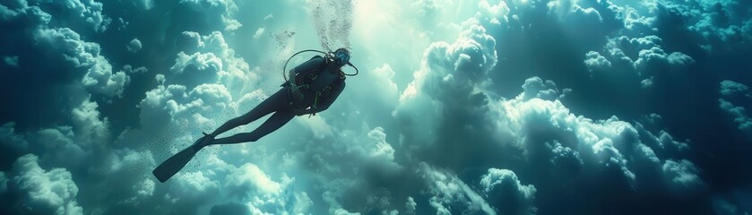 Diver swimming among the clouds, highly realistic, surreal sky scene, aquatic aerial environment, clouds and water blend