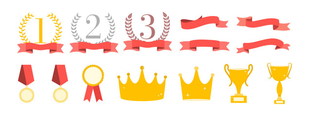 Set of medals, cups, crowns. Reward for victory. Vector. Wreath. Frame and textbox. Competing and tournament. Ranking template. Elements for design. Winner. Premium quality stickers