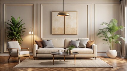 Fototapeta premium Elegant modern living room with minimalist decor features large framed canvas poster mockup on cream-colored wall above sleek couch.