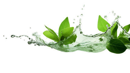 Fresh green leaves splashing with water transparent background.