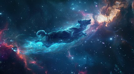 Lifelike scene of a dog swimming in outer space, realistic, cosmic background, weightless canine, surreal space swim