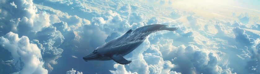 Fototapeta premium A whale swimming through the clouds, highly realistic, surreal scene, sky and ocean blend, majestic flight, ethereal moment