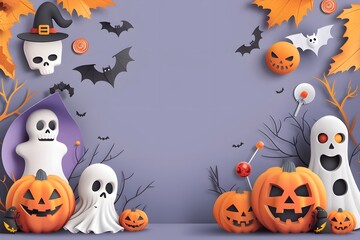 Spooky Halloween scene with ghosts, pumpkins, bats, and skulls set against a purple background.