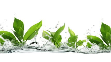 Fresh green leaves splashing with water transparent background.