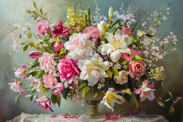 A realistic painting of a colorful vase filled with assorted flowers placed on a wooden table, Bouquet of fragrant flowers