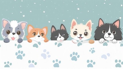 furry friends unite adorable dogs and cats peeking playfully from behind a blank banner with paw prints whimsical digital illustration