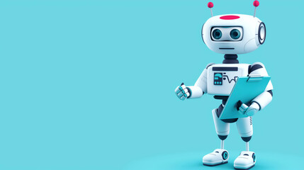Futuristic white robot with red signals, holding a clipboard on a clear blue background.