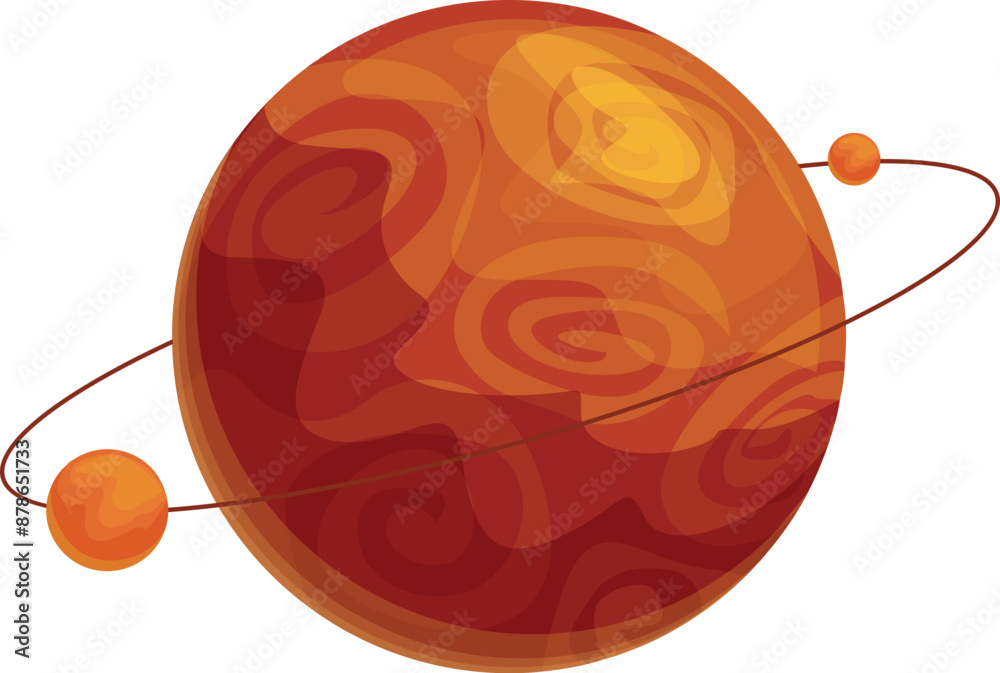 Poster red planet from solar system rotating on its axis with two small moons orbiting around