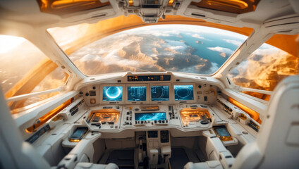 A modern spaceship cockpit with a view of Earth