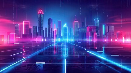 futuristic city skyline at night with glowing neon lights and dark concrete foreground digital illustration