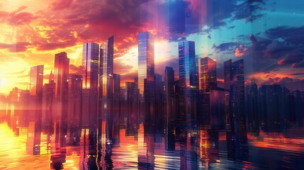 Obraz premium futuristic cityscape with gleaming skyscrapers reflecting a vibrant sunset sleek glass facades create a kaleidoscope of colors across the urban skyline