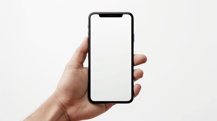 hand holding mobile phone on white background