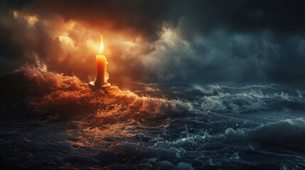 Hyperrealistic image of a candle burning in a violent storm, resilient flame, extreme weather, unwavering light