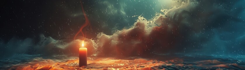 Fototapeta premium Realistic candle flame enduring a powerful storm, detailed scene, unwavering light, fierce weather, resilience and hope