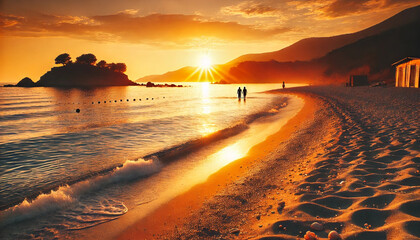 Idyllic Coastal Sunset. Romantic Beach Sunset Couple Walking by the Sea at Dusk