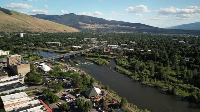 Missoula Montana aerial over Clark Fork river and mountains in summer