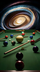 Vibrant Conceptual Artwork: Solar System as Snooker Table with Planet Balls. Billiard game with planets as ball in system