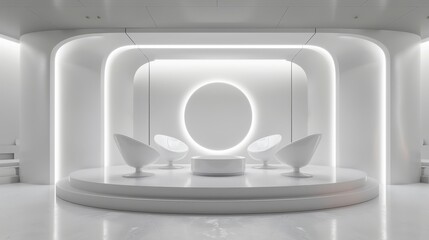 Modern, minimalist interior with a futuristic design, featuring a white color scheme, curved walls, recessed lighting, and contemporary furniture including chairs and a table