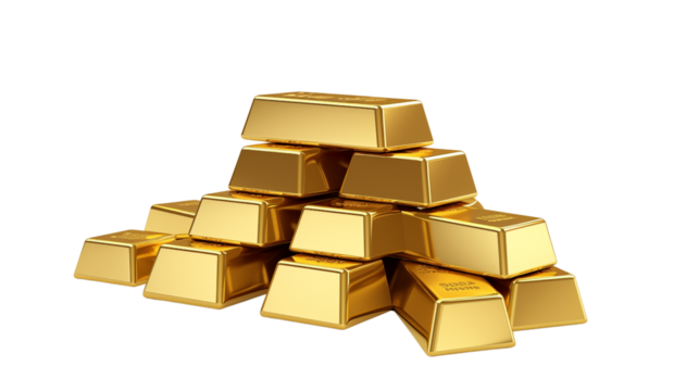 Gold bars stacks transparent background.