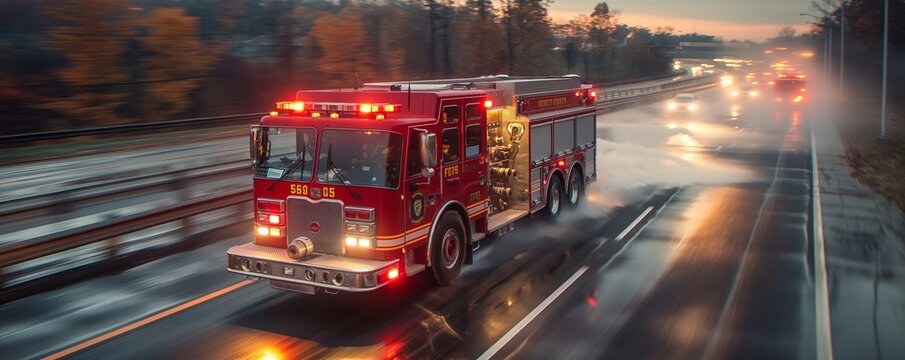 Red firetruck with lights ablaze captured on highway amidst evening rush hour traffic, highlighting its emergency role