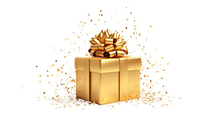 Golden gift box with confetti transparent background.