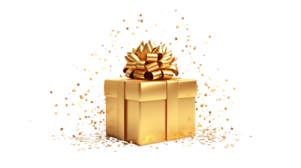 Golden gift box with confetti transparent background.